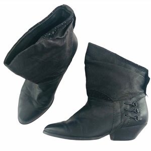 Yugoslavia “Karen” Black leather embossed tie boots with heels size 7